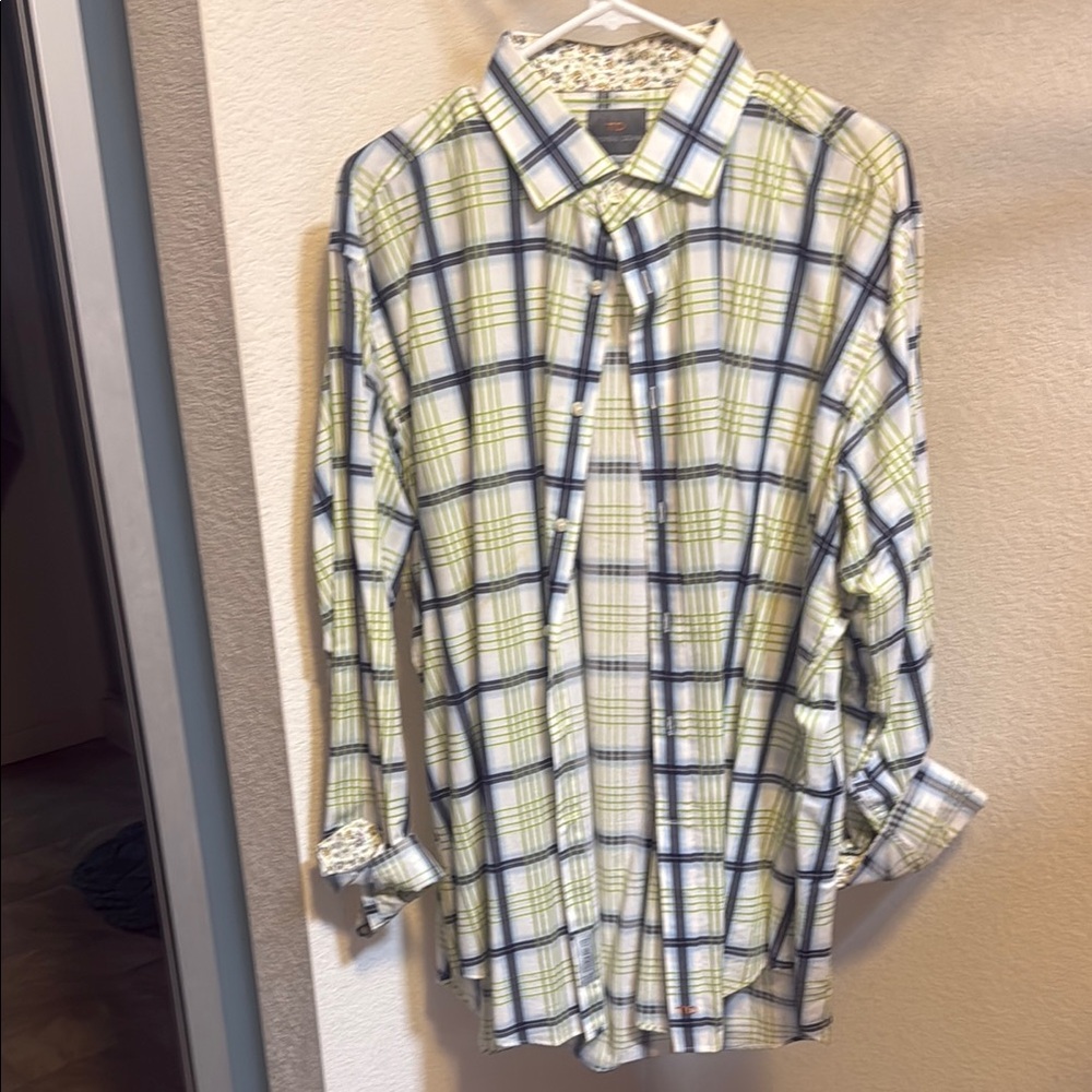 Thomas Dean Blue and Green Casual Button Down Shirt